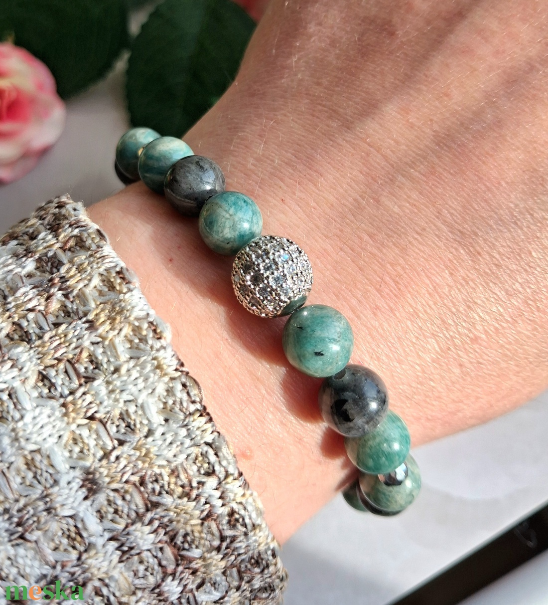 Larvikit és amazonit női ásvány karkötő cirkóniás gömbbel és hematittal - ékszer - karkötő - ásványkarkötő - Meska.hu