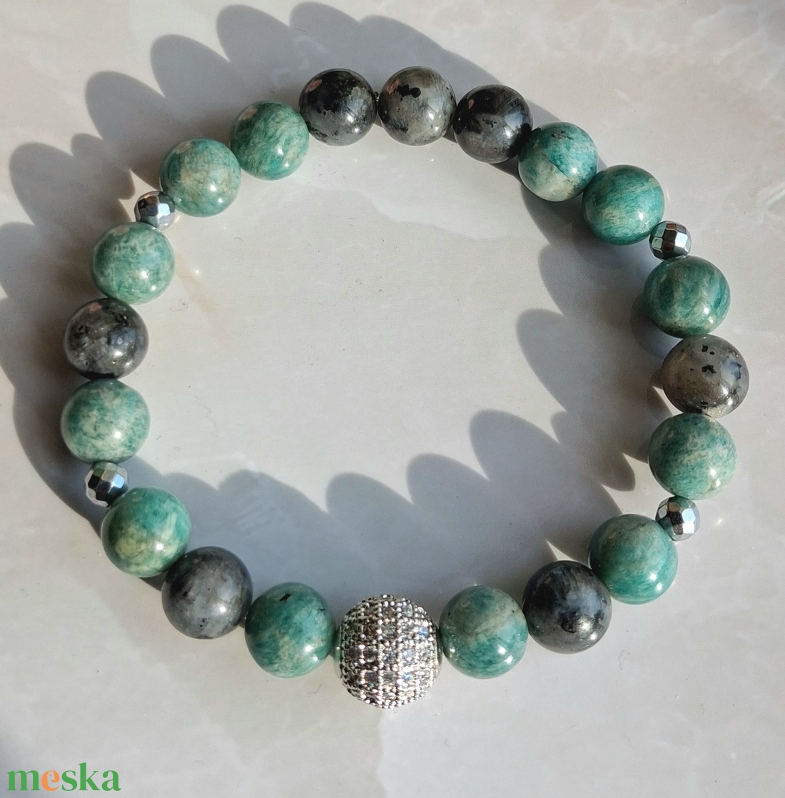 Larvikit és amazonit női ásvány karkötő cirkóniás gömbbel és hematittal - ékszer - karkötő - ásványkarkötő - Meska.hu