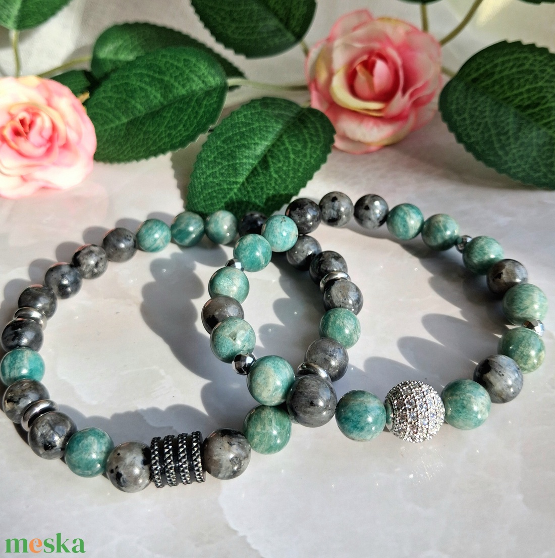 Larvikit és orosz amazonit páros ásvány karkötő szett - ékszer - karkötő - ásványkarkötő - Meska.hu