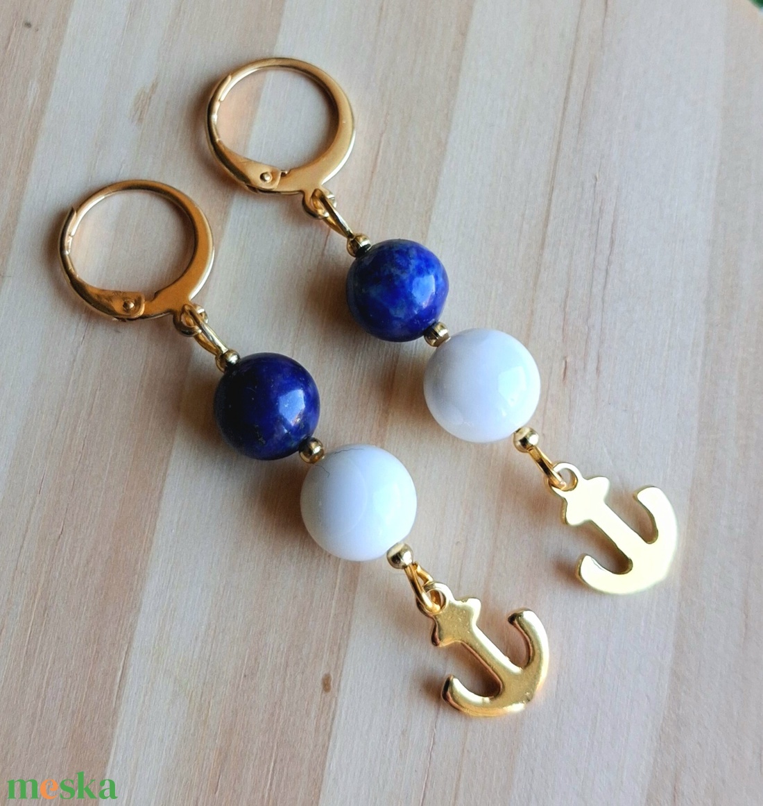 Nyári lapis lazuli ásvány fülbevaló kagylóhéj gyönggyel, horgonnyal - nemesacél - ékszer - fülbevaló - lógó fülbevaló - Meska.hu
