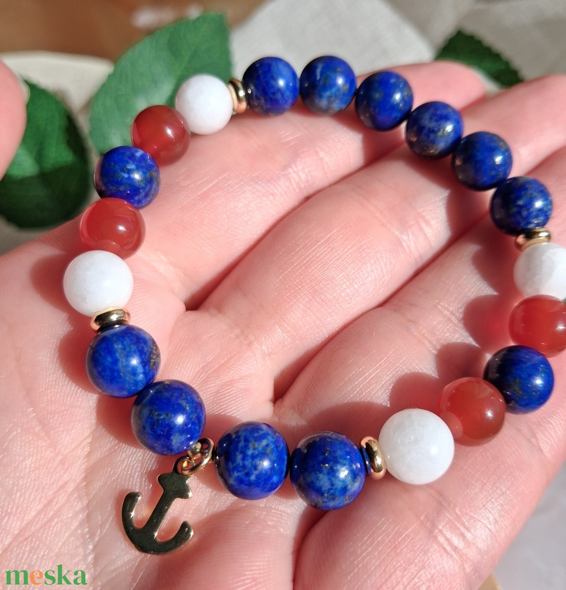 Lapis lazuli tengerész stílusú ásvány karkötő karneollal, jádéval, nemesacél horgonnyal - ékszer - karkötő - ásványkarkötő - Meska.hu