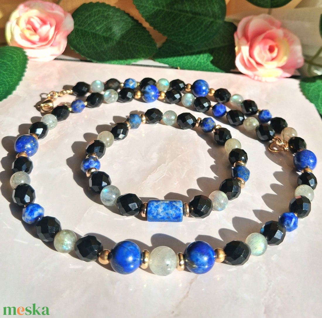Lapis lazuli, labradorit és ónix ásvány ékszer szett - karkötő és nyaklánc nemesacéllal - ékszer - ékszerszett - Meska.hu