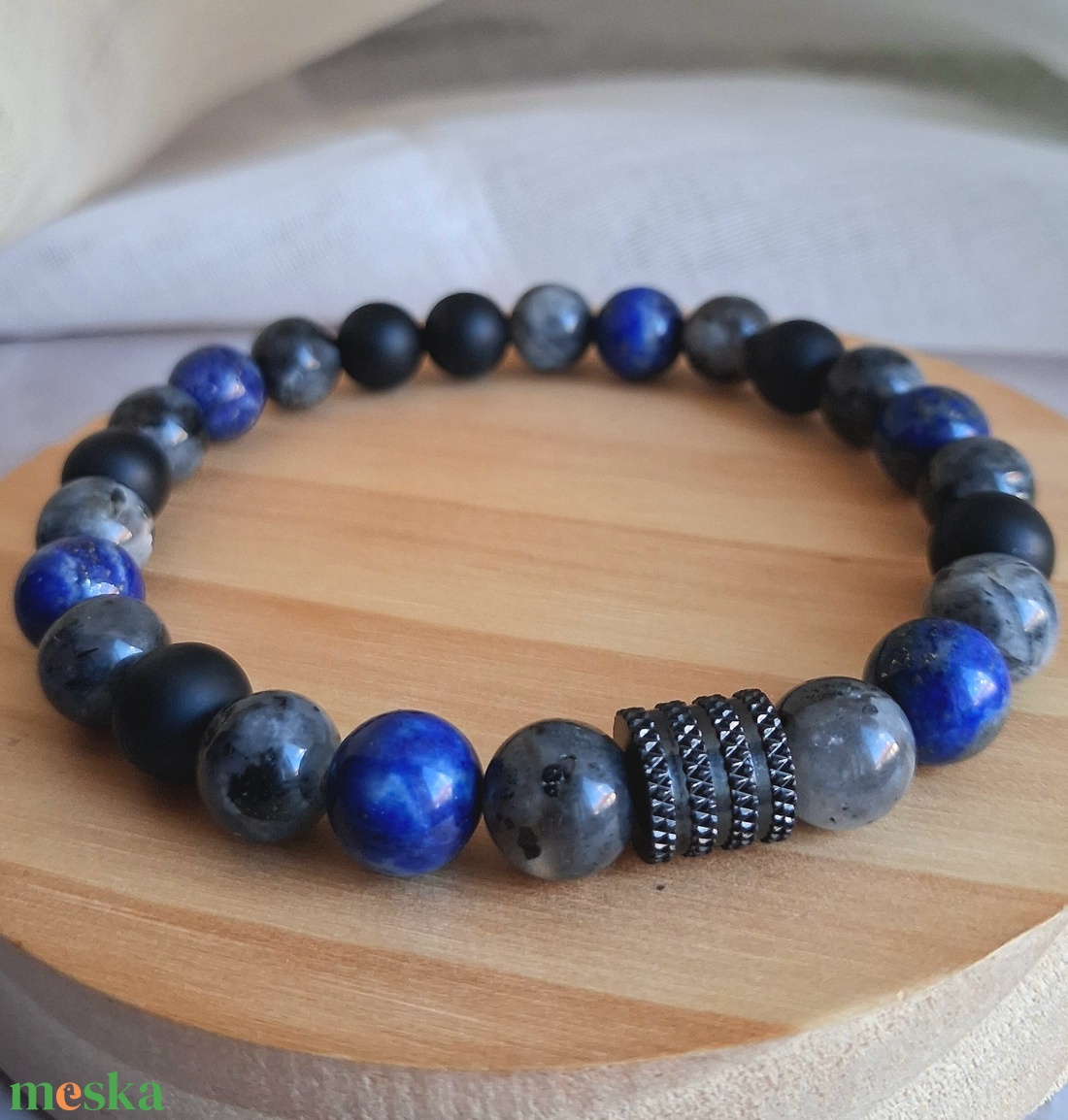 Lapis lazuli, larvikit és matt ónix férfi ásvány karkötő - ékszer - karkötő - ásványkarkötő - Meska.hu