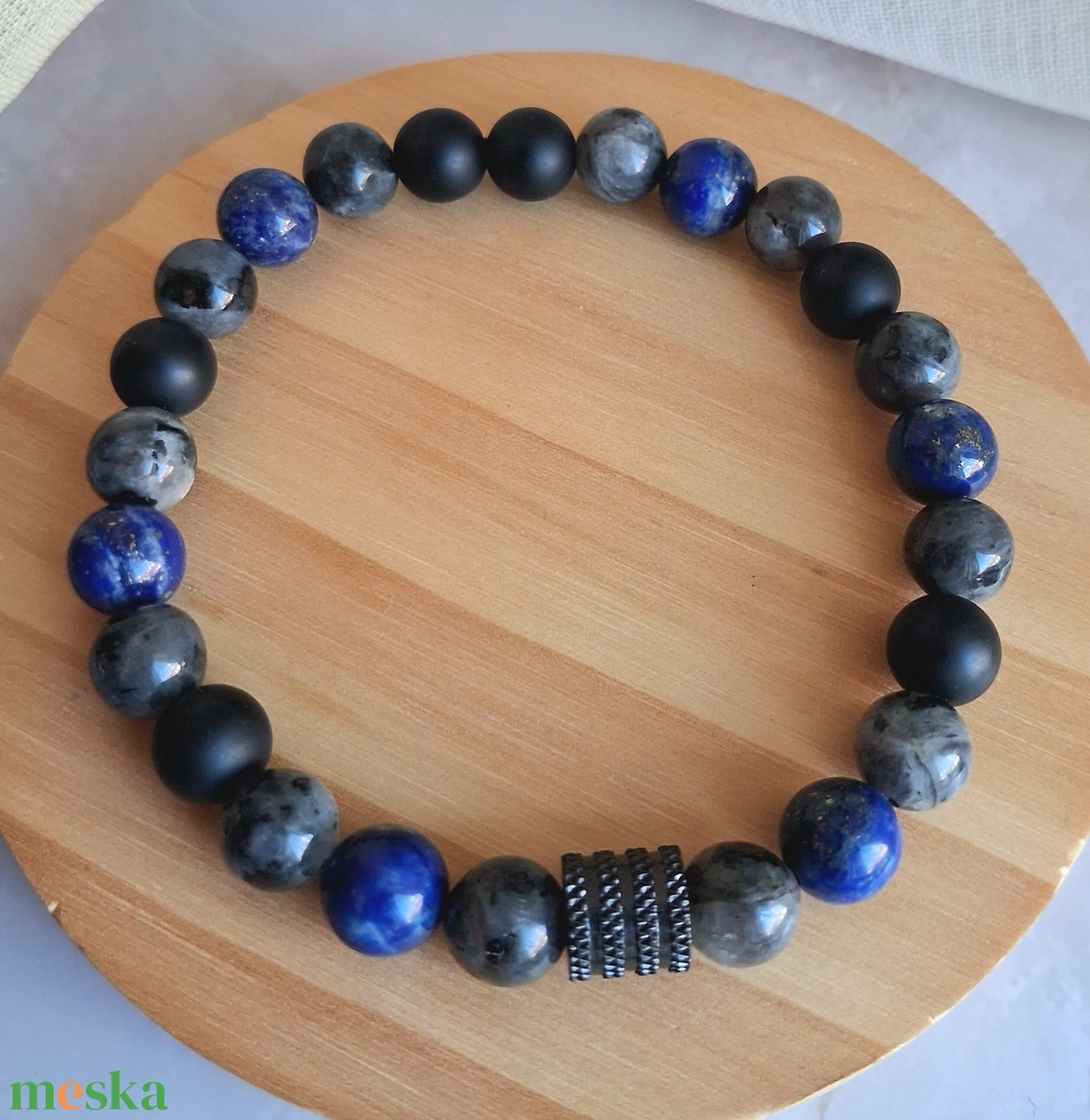 Lapis lazuli, larvikit és matt ónix férfi ásvány karkötő - ékszer - karkötő - ásványkarkötő - Meska.hu
