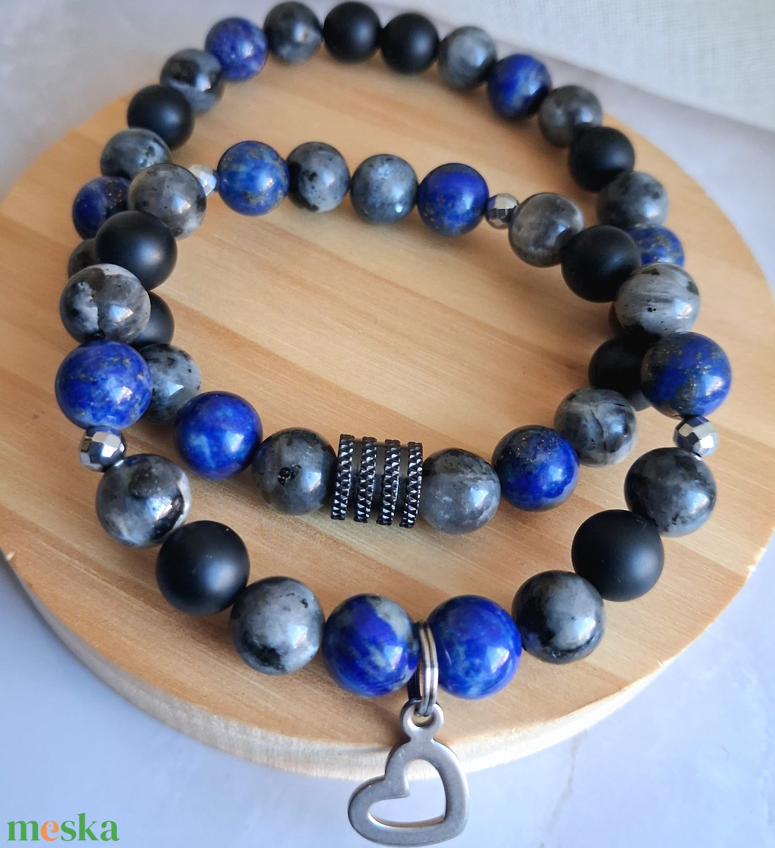 Lapis lazuli, larvikit és matt ónix páros ásvány karkötő szett - ékszer - karkötő - ásványkarkötő - Meska.hu