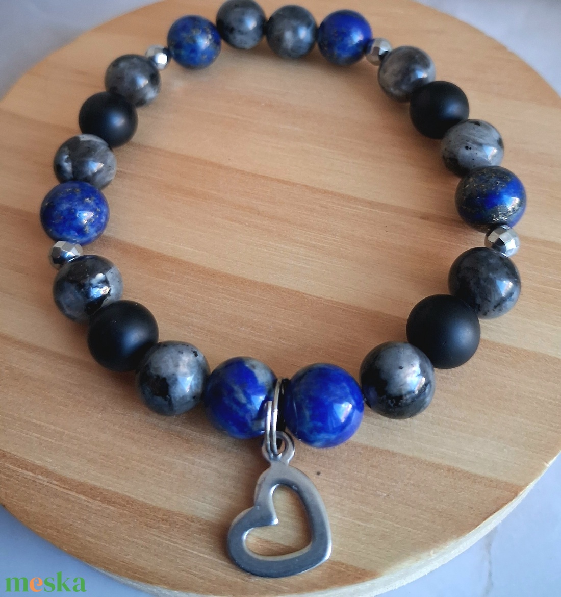 Lapis lazuli, larvikit és matt ónix páros ásvány karkötő szett - ékszer - karkötő - ásványkarkötő - Meska.hu