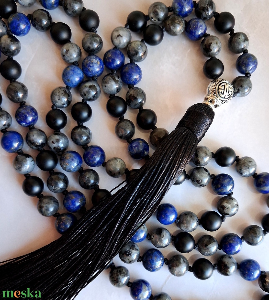 Lapis lazuli, larvikit és matt ónix ásvány mala - bojtos ásvány nyaklánc- imafüzér - otthon & életmód - dekoráció - spiritualitás - mala - Meska.hu