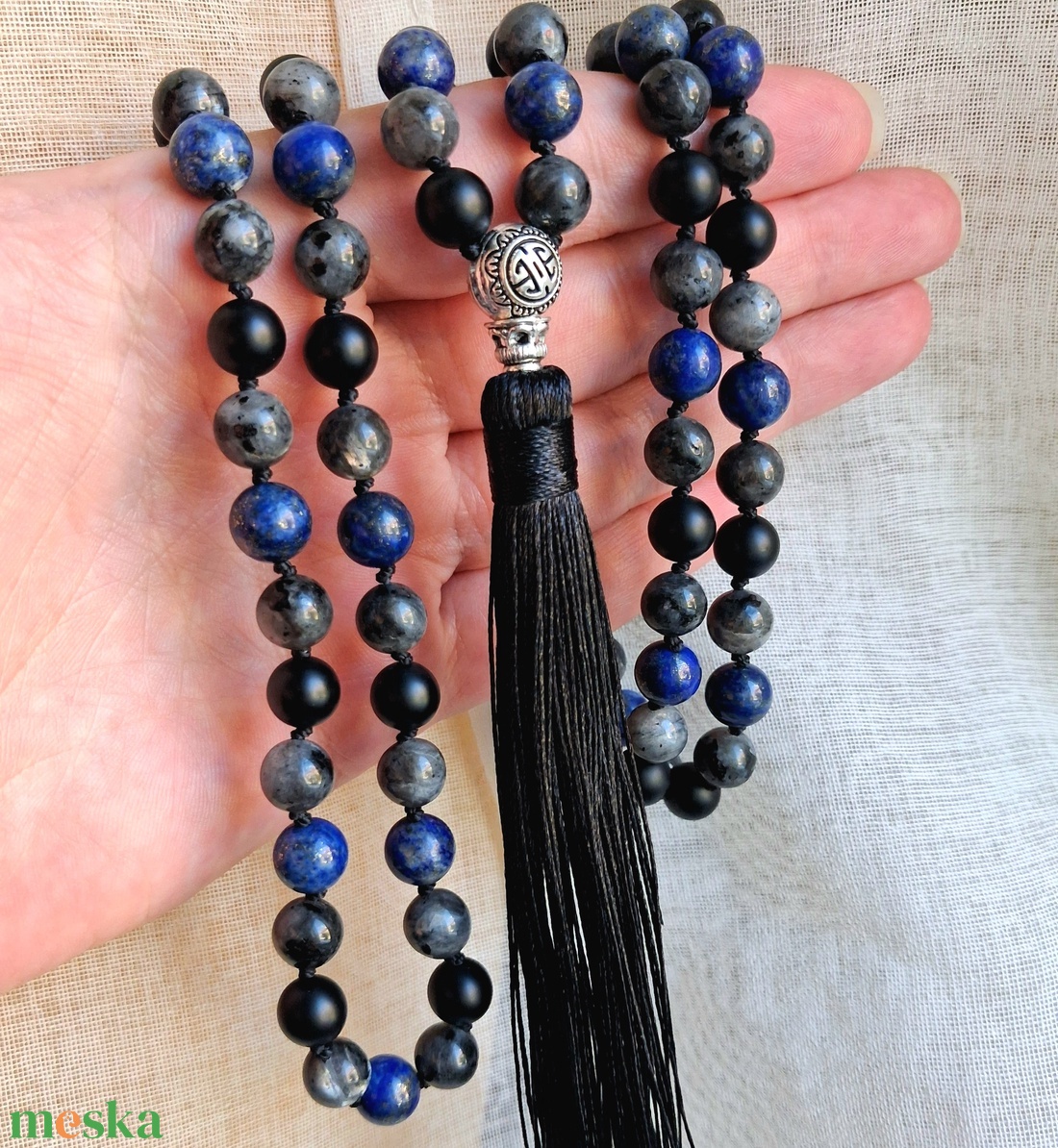 Lapis lazuli, larvikit és matt ónix ásvány mala - bojtos ásvány nyaklánc- imafüzér - otthon & életmód - dekoráció - spiritualitás - mala - Meska.hu