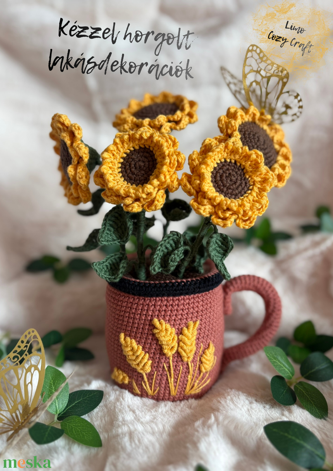 Kézzel horgolt napraforgó cserépben - Lakásdekoráció - otthon & életmód - virágdekoráció - virágdíszek - virágdísz kaspóban - Meska.hu