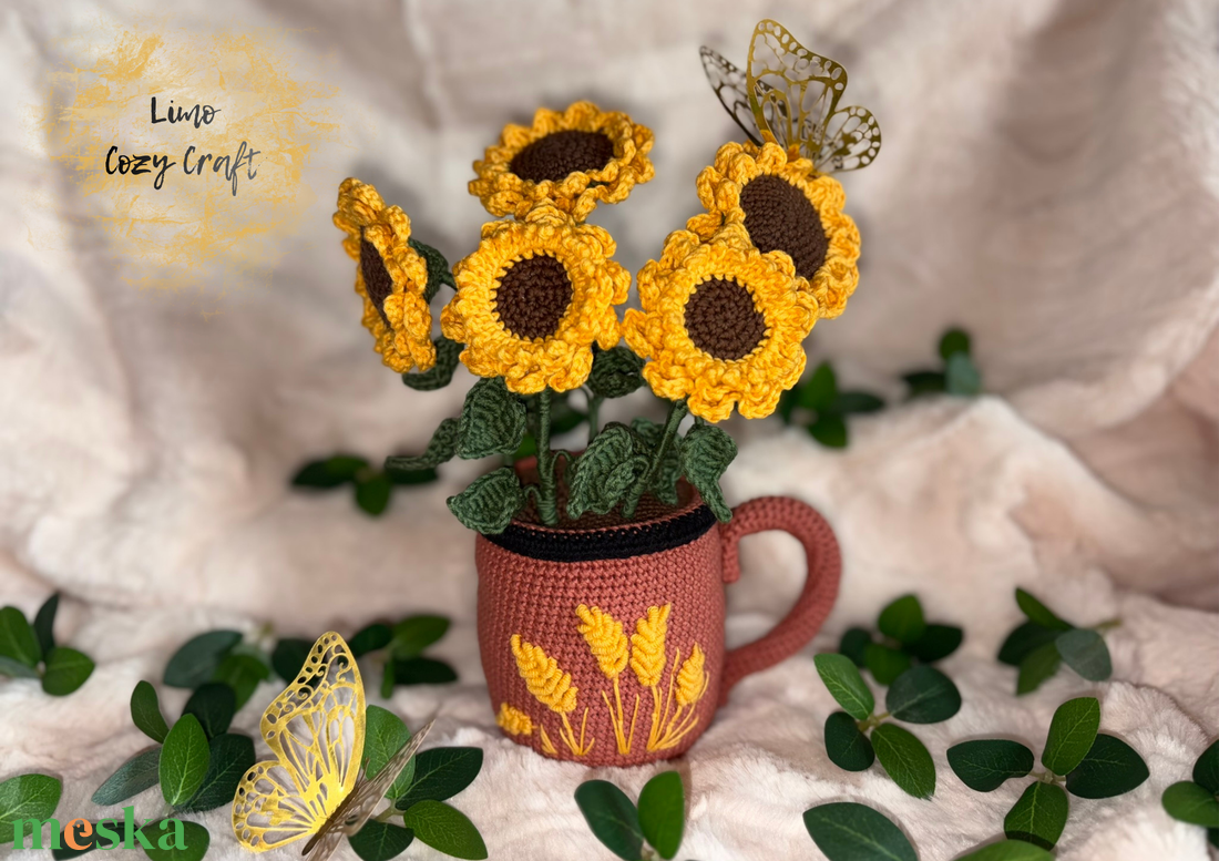 Kézzel horgolt napraforgó cserépben - Lakásdekoráció - otthon & életmód - virágdekoráció - virágdíszek - virágdísz kaspóban - Meska.hu