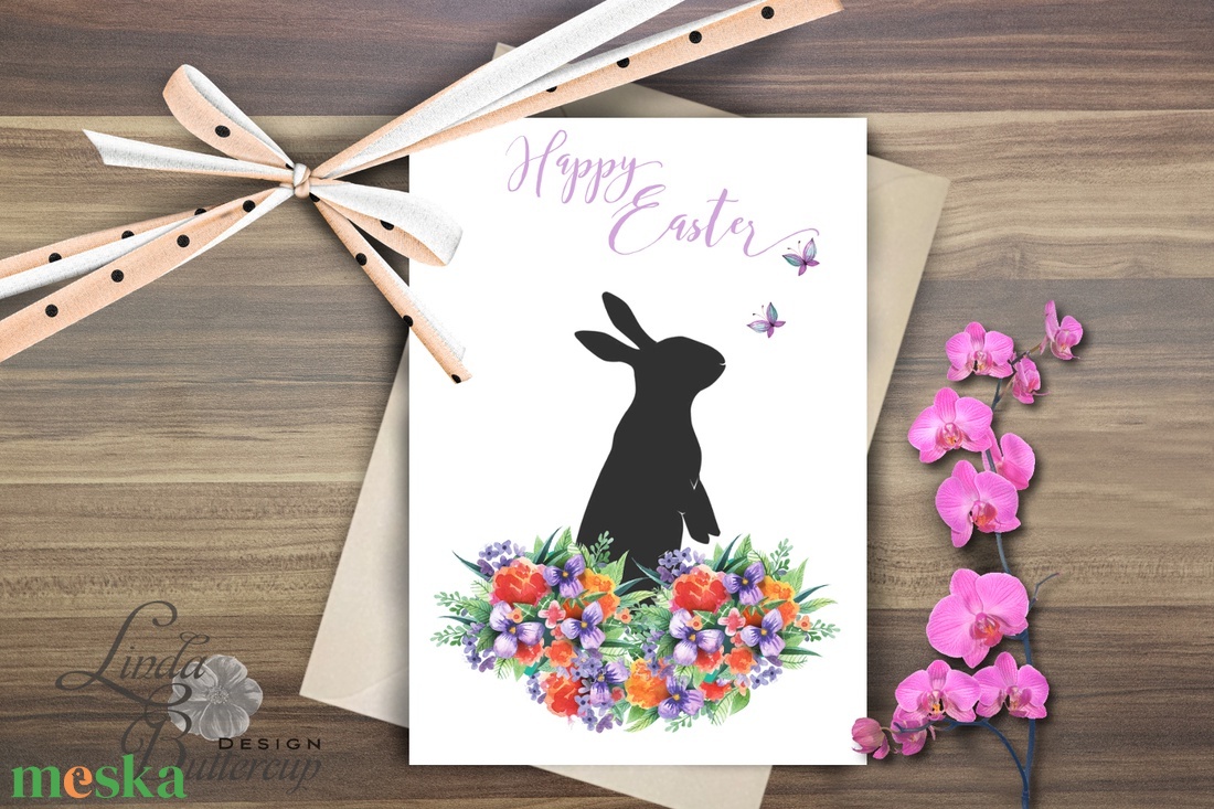 Húsvéti képeslap, Húsvéti dekoráció, Húsvét, Nyuszi, Nyúl, Tavaszi virágok, ibolya, pillangó, lepke, Tavasz - otthon & életmód - papír, írószer - ajándékozás kellékei - képeslap, üdvözlőlap - Meska.hu