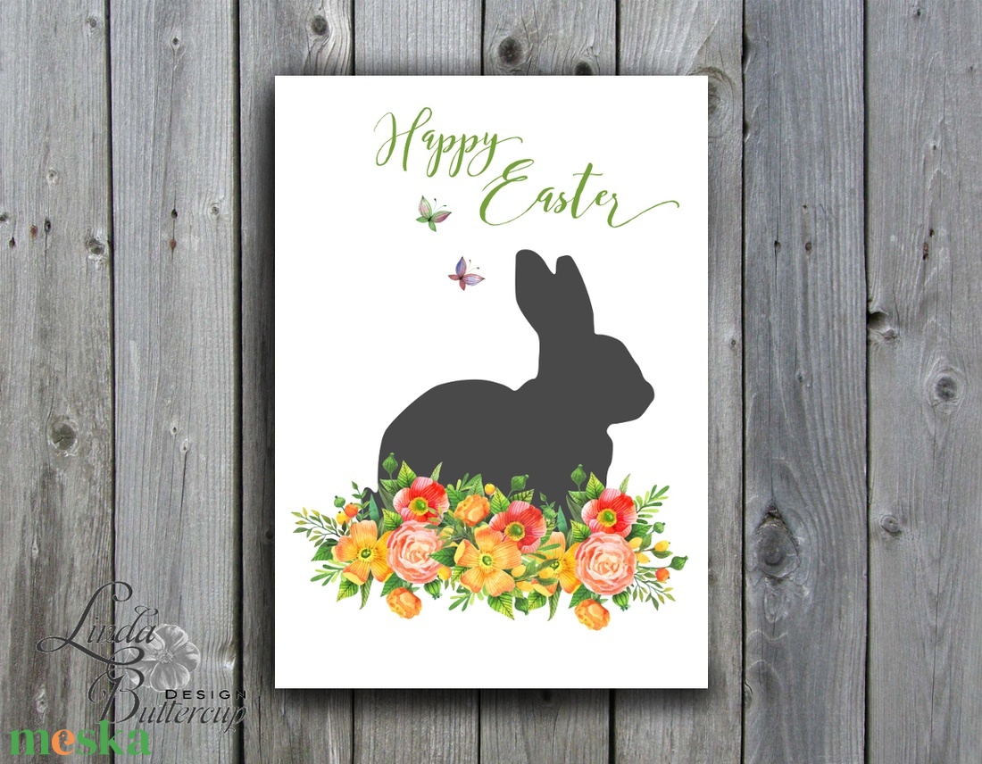 Húsvéti képeslap, Húsvéti dekoráció, Húsvét, Nyuszi, Nyúl, Tavaszi virágok, ibolya, pillangó, lepke, Tavasz - otthon & életmód - papír, írószer - ajándékozás kellékei - képeslap, üdvözlőlap - Meska.hu