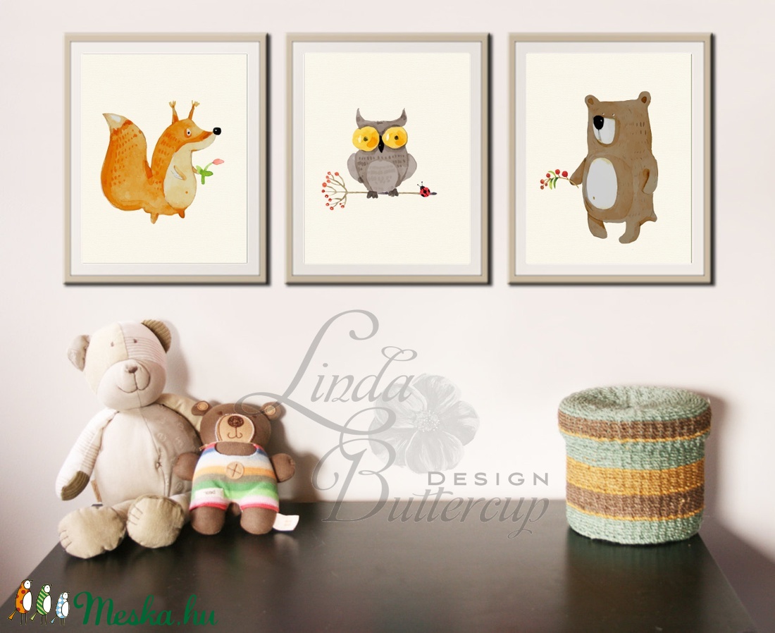 Babaszoba Dekoráció, Állatok festmény, Erdei állat, vad állatok falikép, Gyerekszoba dekor, medve, mókus, bagoly -  - Meska.hu
