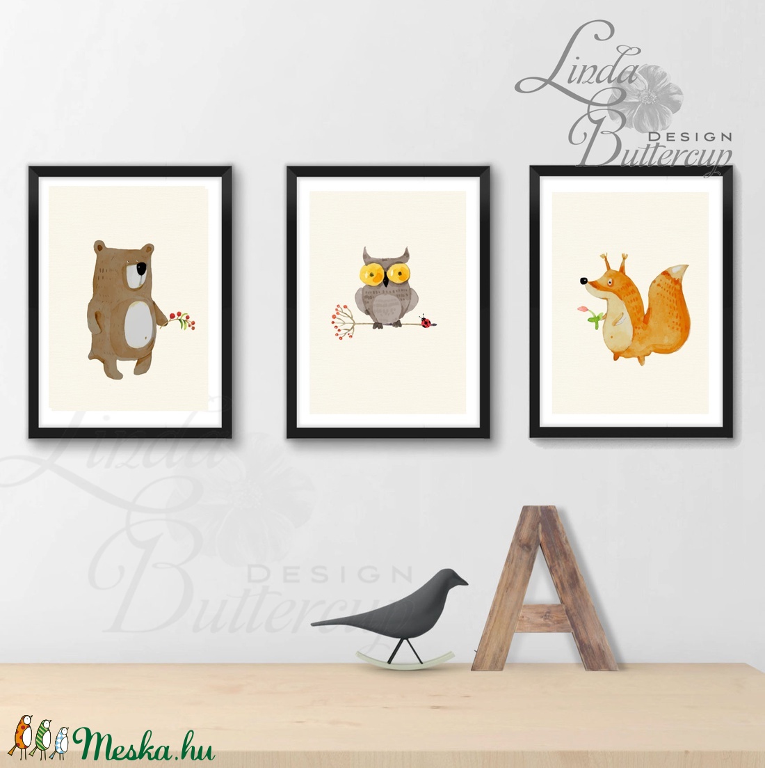 Babaszoba Dekoráció, Állatok festmény, Erdei állat, vad állatok falikép, Gyerekszoba dekor, medve, mókus, bagoly -  - Meska.hu
