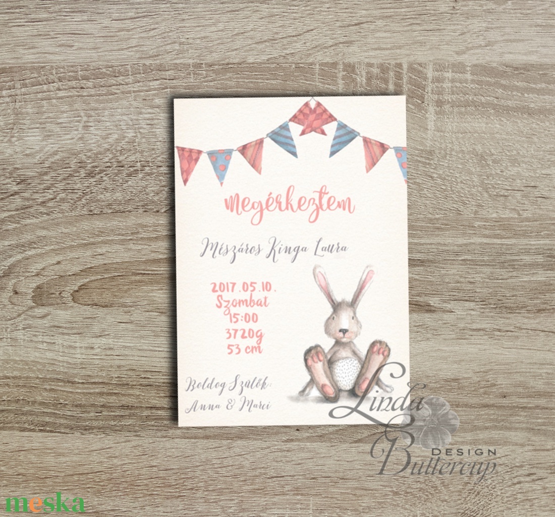 Megérkeztem, Babaváró képeslap, Babaköszöntő képeslap, Keresztelő, kisfiú, kislány, baba, baby, újszülött, nyuszi - otthon & életmód - papír, írószer - Meska.hu