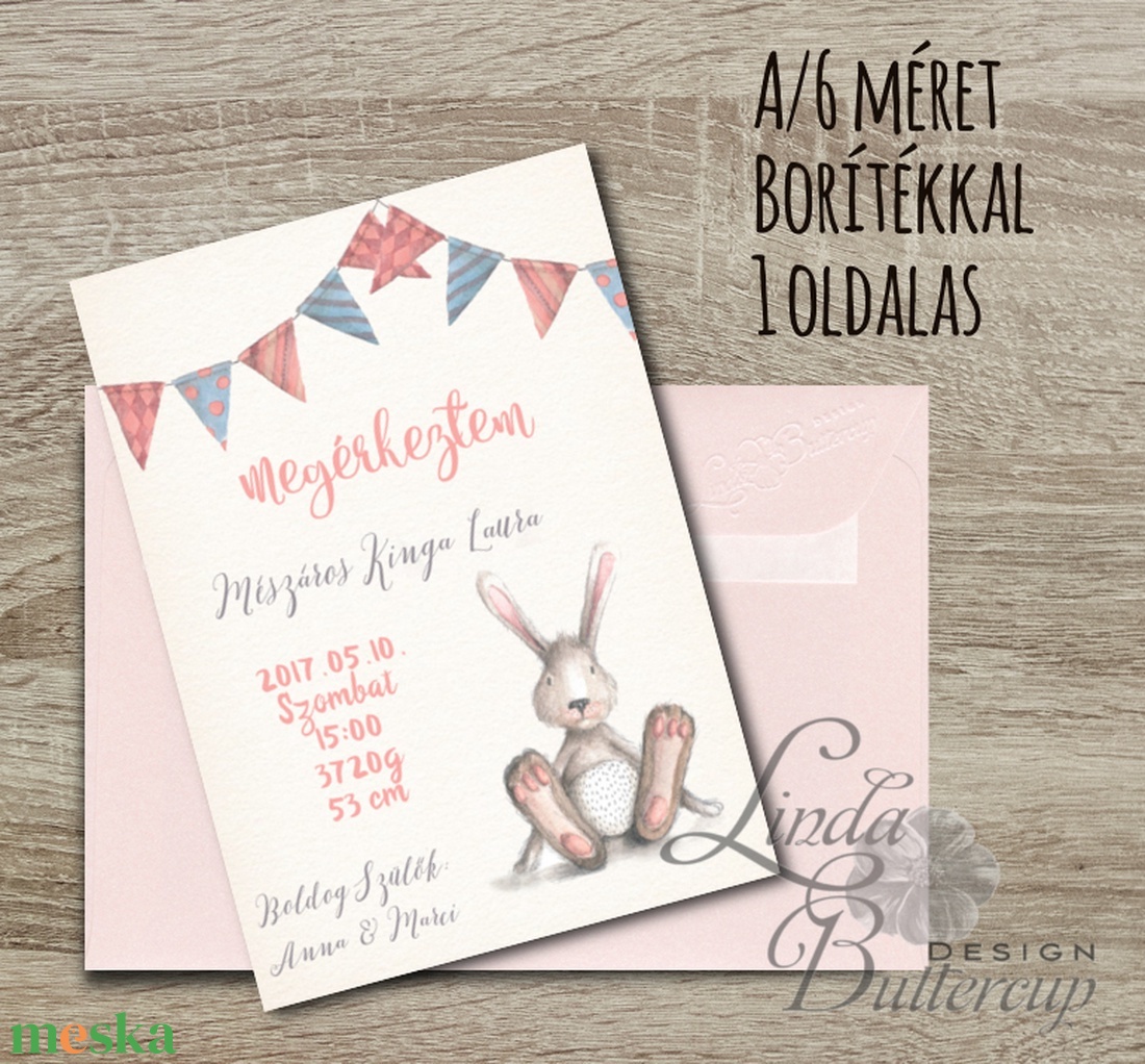 Megérkeztem, Babaváró képeslap, Babaköszöntő képeslap, Keresztelő, kisfiú, kislány, baba, baby, újszülött, nyuszi - otthon & életmód - papír, írószer - Meska.hu