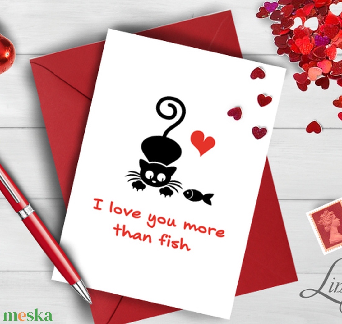 Valentin napi Képeslap, Szeretlek Képeslap, Valentin üdvözlőlap, I love you, Szerelmes, piros lap, Cica, cicás lap - otthon & életmód - papír, írószer - ajándékozás kellékei - képeslap, üdvözlőlap - Meska.hu