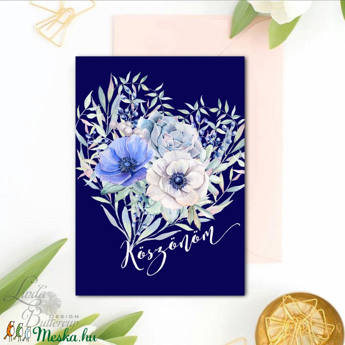 Köszönöm kártya, köszönet, köszönjük Képeslap, kék rózsa, szív, tengerkék, pasztell, virágos, tavaszi, love, virág -  - Meska.hu