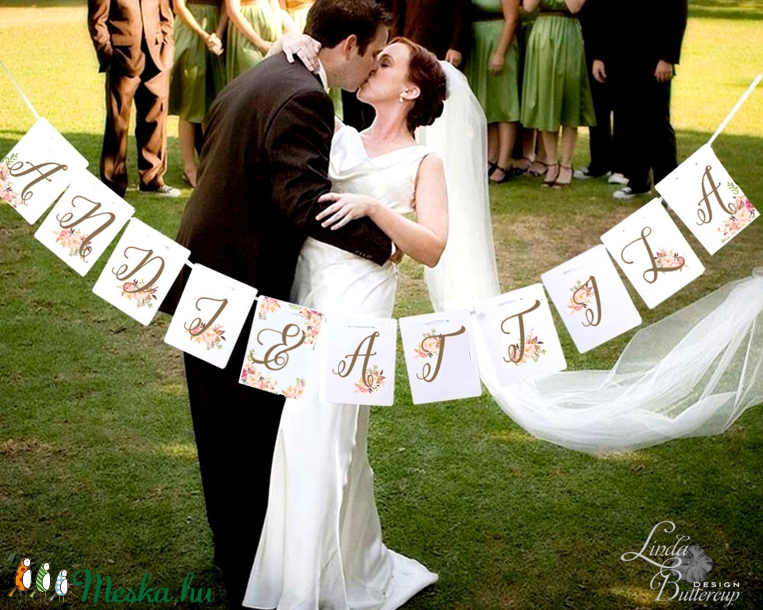 Zászlófüzér, Esküvői dekor, Zászló, Banner, Bunting, Esküvő dekoráció, Vintage, Rusztikus, Szalag, füzér, barack virágos -  - Meska.hu