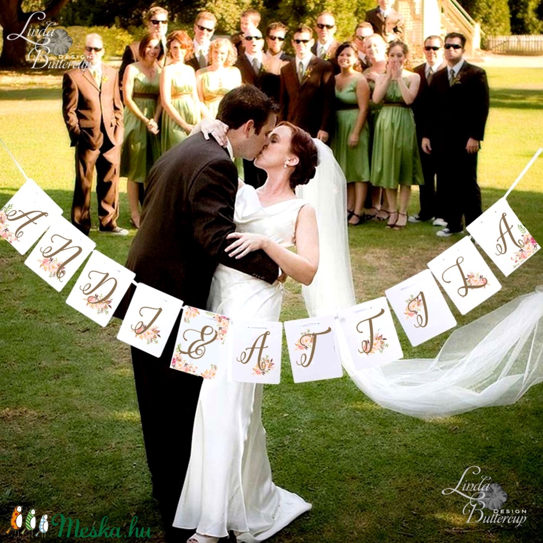 Zászlófüzér, Esküvői dekor, Zászló, Banner, Bunting, Esküvő dekoráció, Vintage, Rusztikus, Szalag, füzér, barack virágos -  - Meska.hu