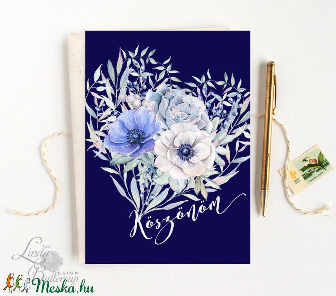 Köszönöm kártya, köszönet, köszönjük Képeslap, kék rózsa, szív, tengerkék, pasztell, virágos, tavaszi, love, virág -  - Meska.hu