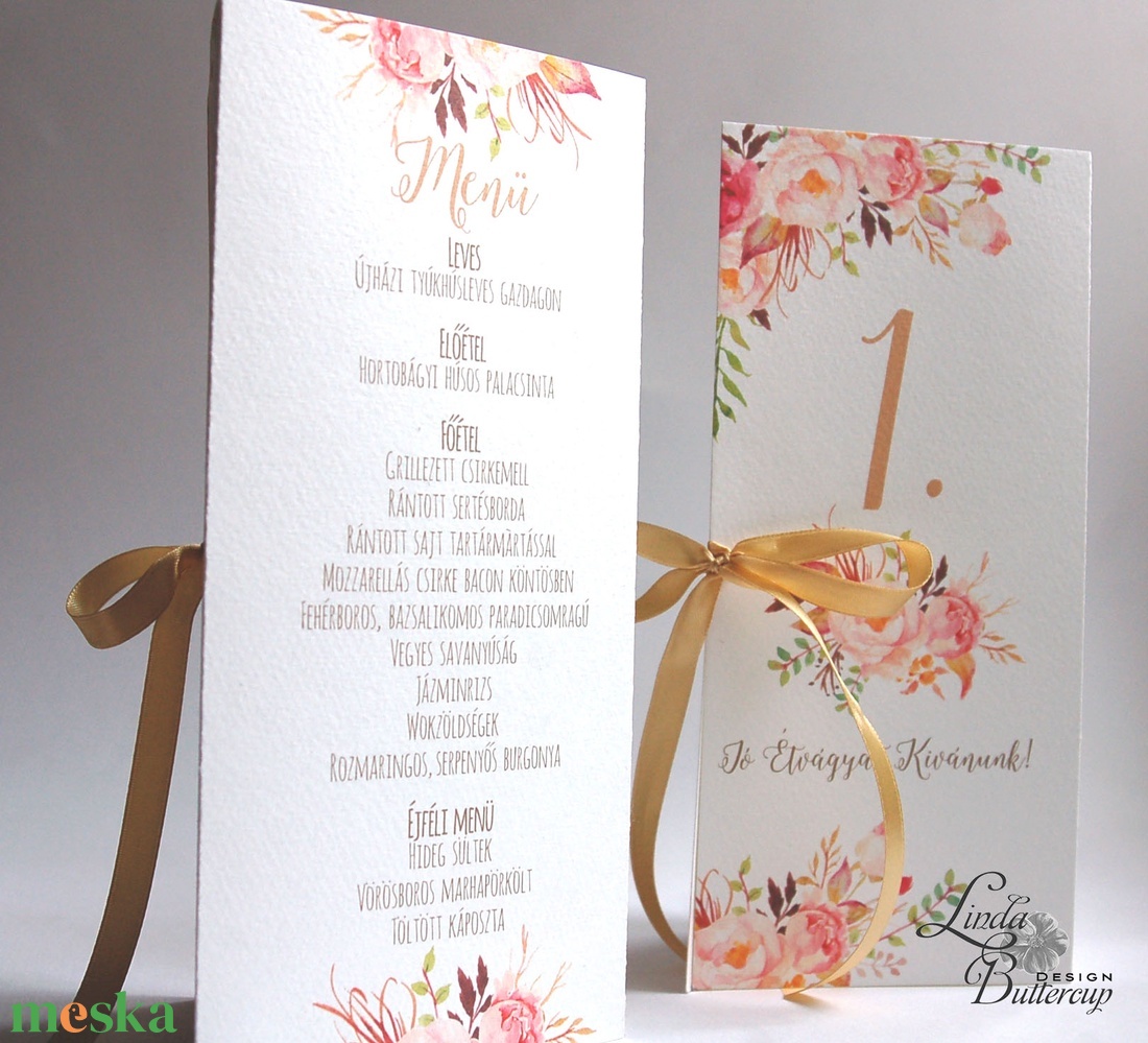 EsküvőiMenü, Rózsás Virágos, rosegold, + SZERKESZTÉSI DÍJat is tedd kosárba - esküvő - meghívó & kártya - menü - Meska.hu
