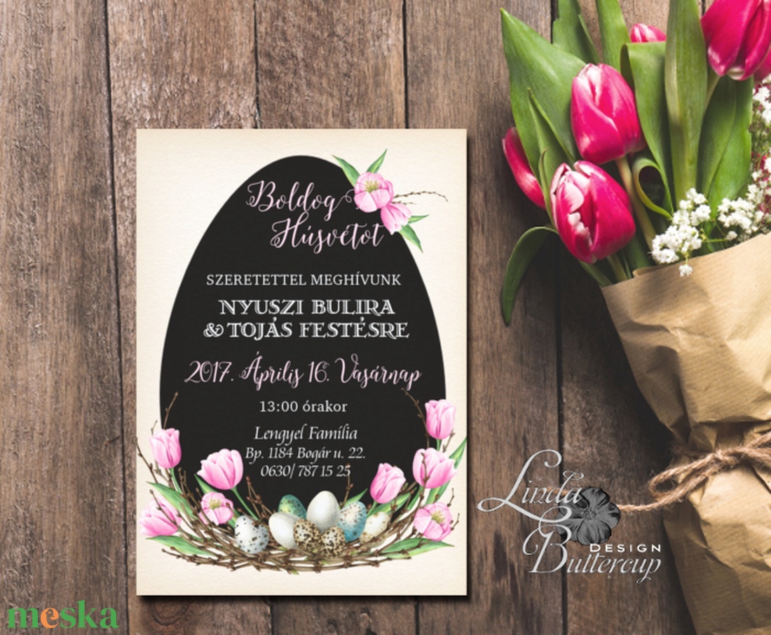 Húsvéti Party meghívó, Húsvéti meghívó, Nyuszi buli, Tojás festés, tojás, Húsvét, Húsvéti dekoráció, Tavasz, tulipán - otthon & életmód - papír, írószer - ajándékozás kellékei - meghívó - Meska.hu