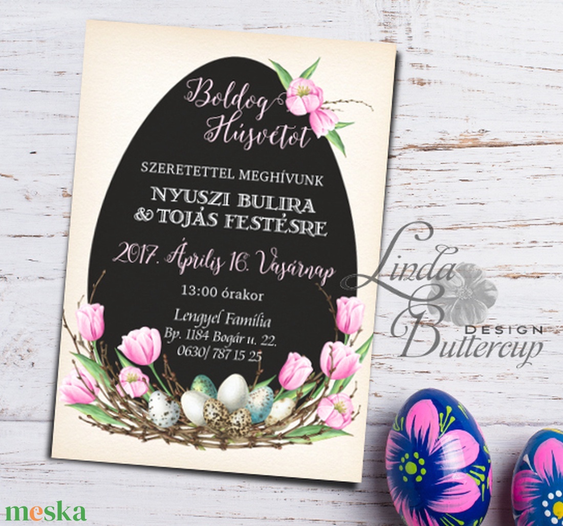 Húsvéti Party meghívó, Húsvéti meghívó, Nyuszi buli, Tojás festés, tojás, Húsvét, Húsvéti dekoráció, Tavasz, tulipán - otthon & életmód - papír, írószer - ajándékozás kellékei - meghívó - Meska.hu
