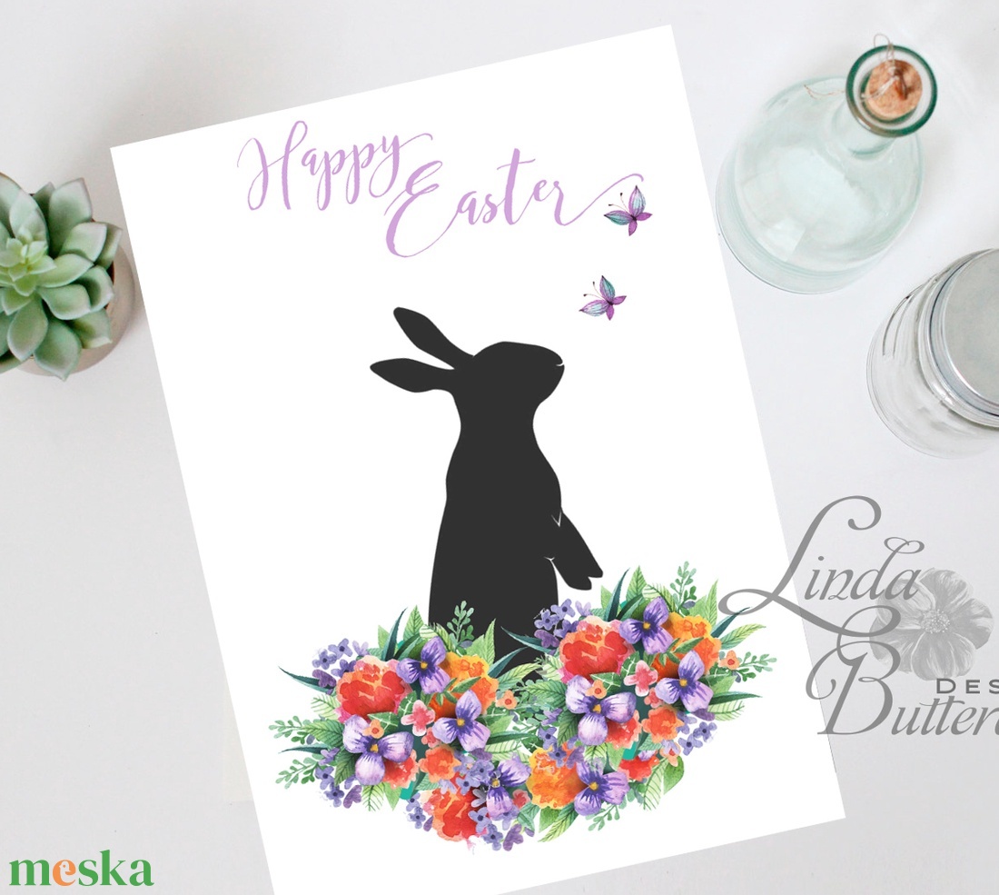 Húsvéti képeslap, Húsvéti dekoráció, Húsvét, Nyuszi, Nyúl, Tavaszi virágok, ibolya, pillangó, lepke, Tavasz - otthon & életmód - papír, írószer - ajándékozás kellékei - képeslap, üdvözlőlap - Meska.hu