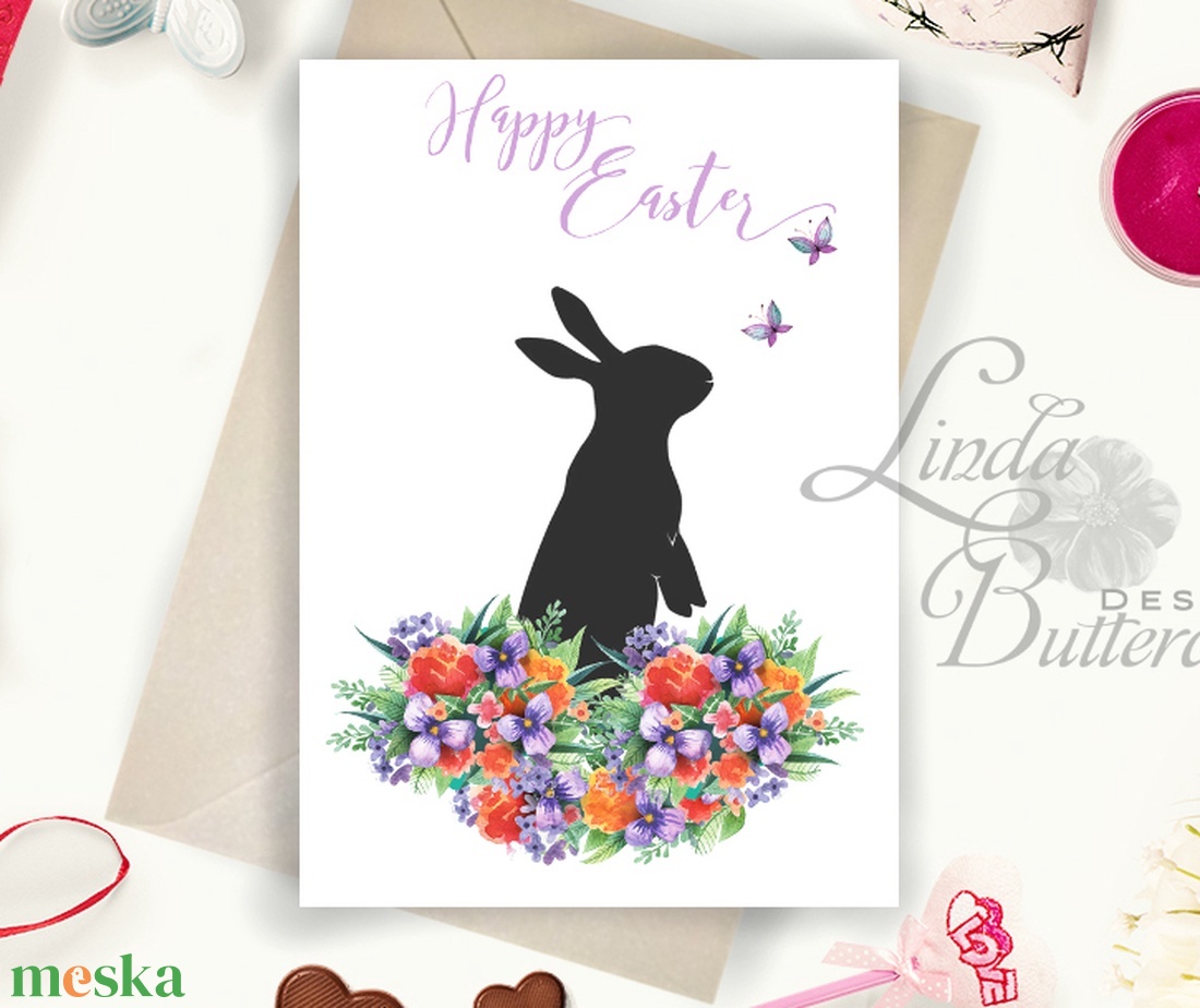 Húsvéti képeslap, Húsvéti dekoráció, Húsvét, Nyuszi, Nyúl, Tavaszi virágok, ibolya, pillangó, lepke, Tavasz - otthon & életmód - papír, írószer - ajándékozás kellékei - képeslap, üdvözlőlap - Meska.hu