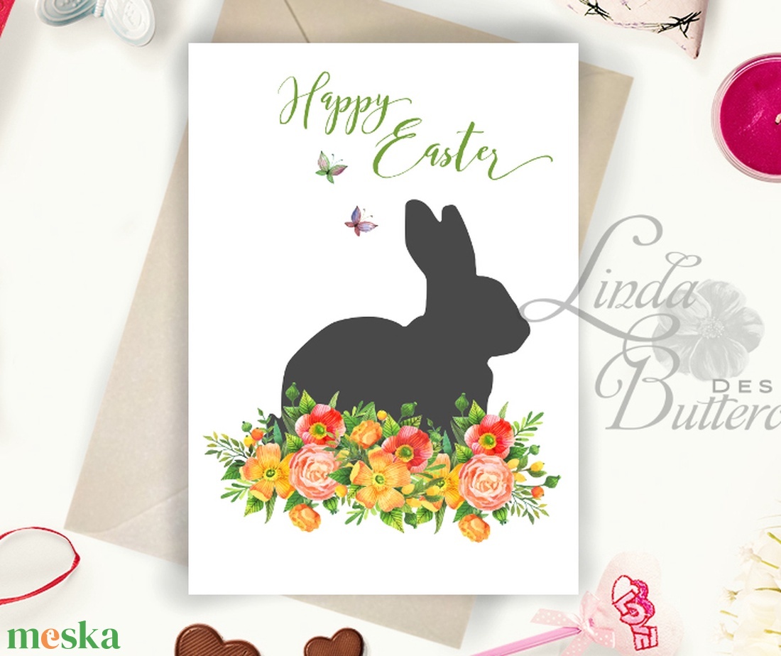 Húsvéti képeslap, Húsvéti dekoráció, Húsvét, Nyuszi, Nyúl, Tavaszi virágok, ibolya, pillangó, lepke, Tavasz - otthon & életmód - papír, írószer - ajándékozás kellékei - képeslap, üdvözlőlap - Meska.hu