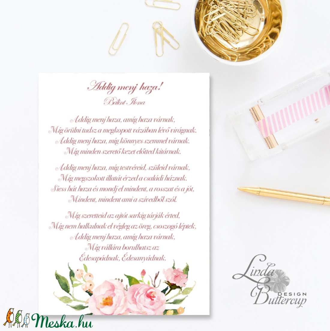 Virágos Képeslap, Egyedi, személyre szóló képeslap, névre szóló lap, vers, idézet, rózsaszín virág, üdvözlőlap, A5 -  - Meska.hu