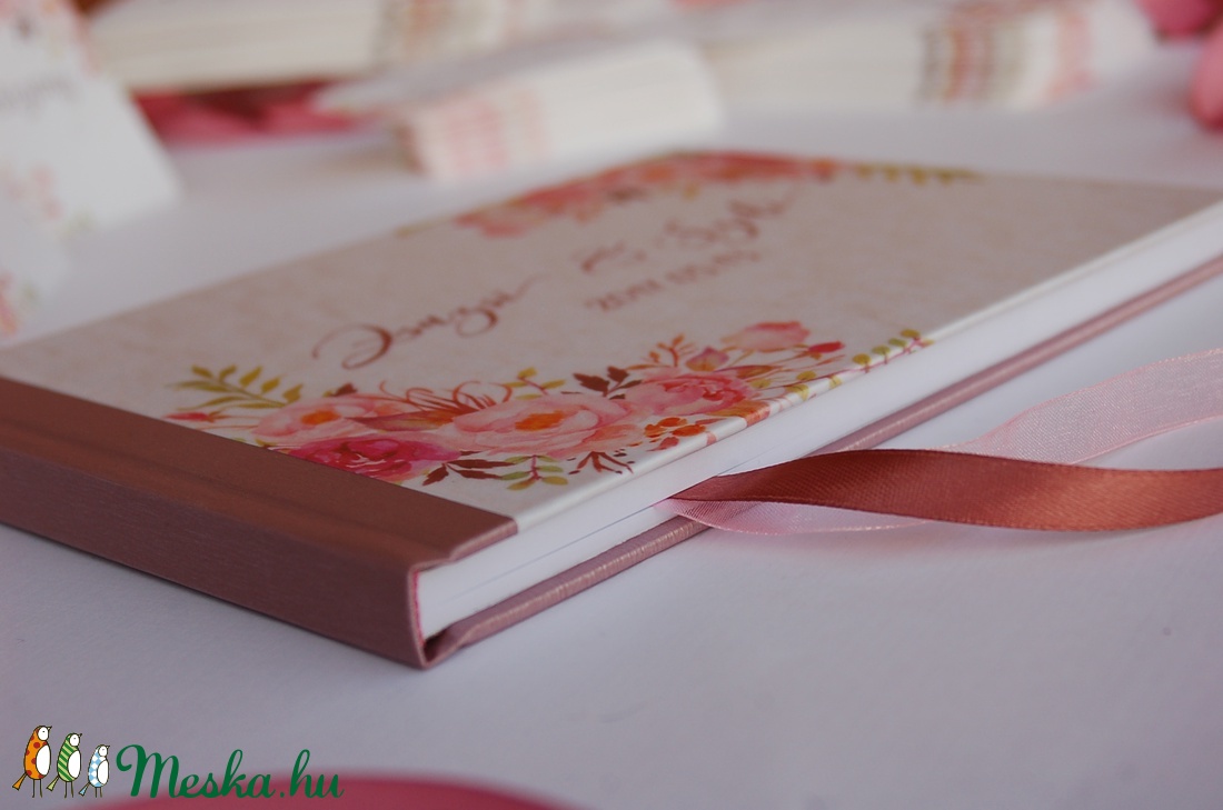 Esküvői Emlékkönyv, Vendégkönyv, könyv, rózsa,mályva virágos, virág, elegáns, rózsás, rózsaszín,  Esküvői vendégkönyv, -  - Meska.hu