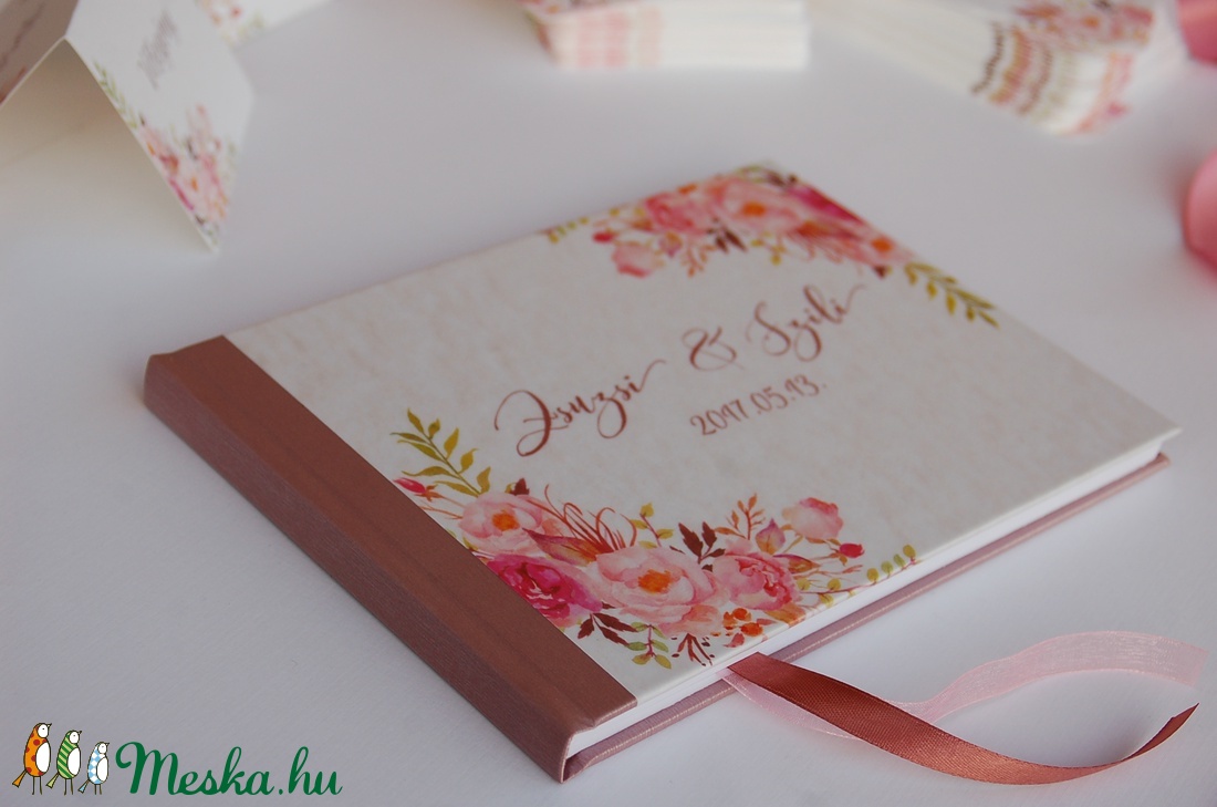 Esküvői Emlékkönyv, Vendégkönyv, könyv, rózsa,mályva virágos, virág, elegáns, rózsás, rózsaszín,  Esküvői vendégkönyv, -  - Meska.hu