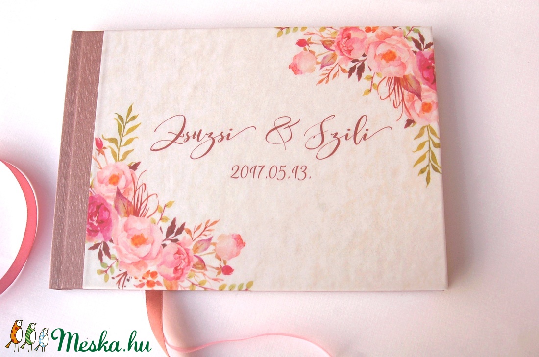 Esküvői Emlékkönyv, Vendégkönyv, könyv, rózsa,mályva virágos, virág, elegáns, rózsás, rózsaszín,  Esküvői vendégkönyv, -  - Meska.hu