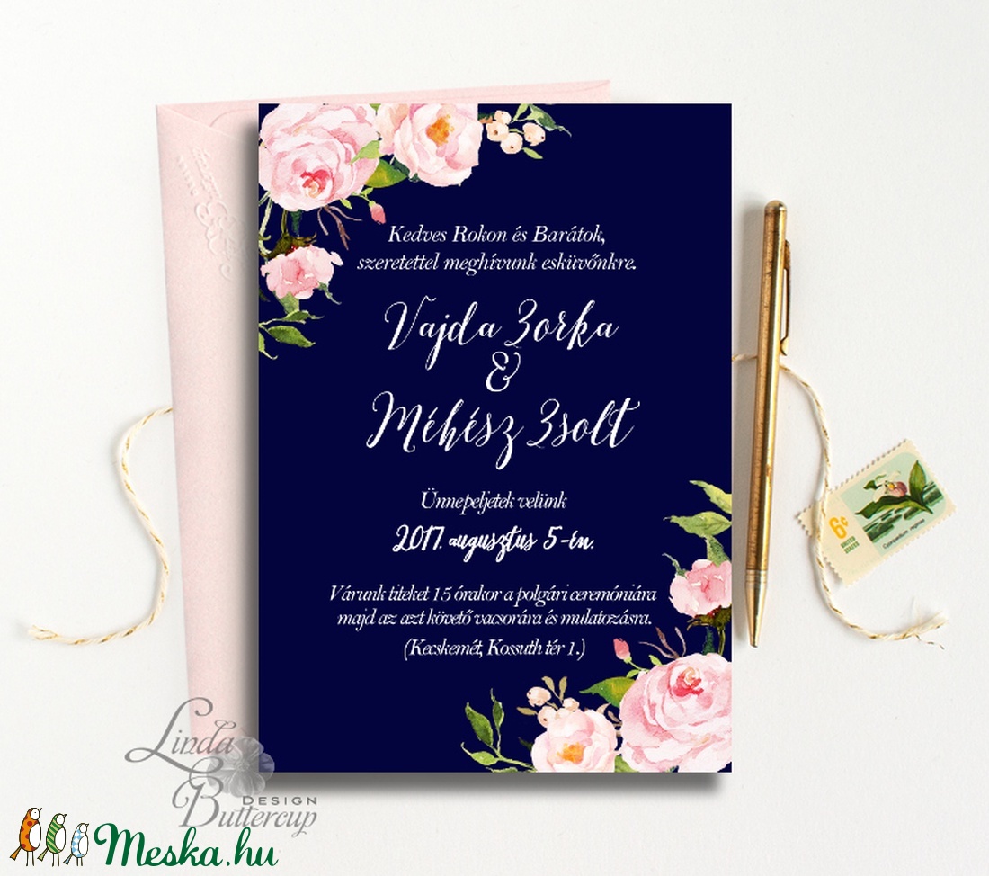 Kék Esküvői meghívó, Tenger kék meghívó, pink, rózsa virágos meghívó, nyári virágos meghívó, vízfesték rózsa -  - Meska.hu