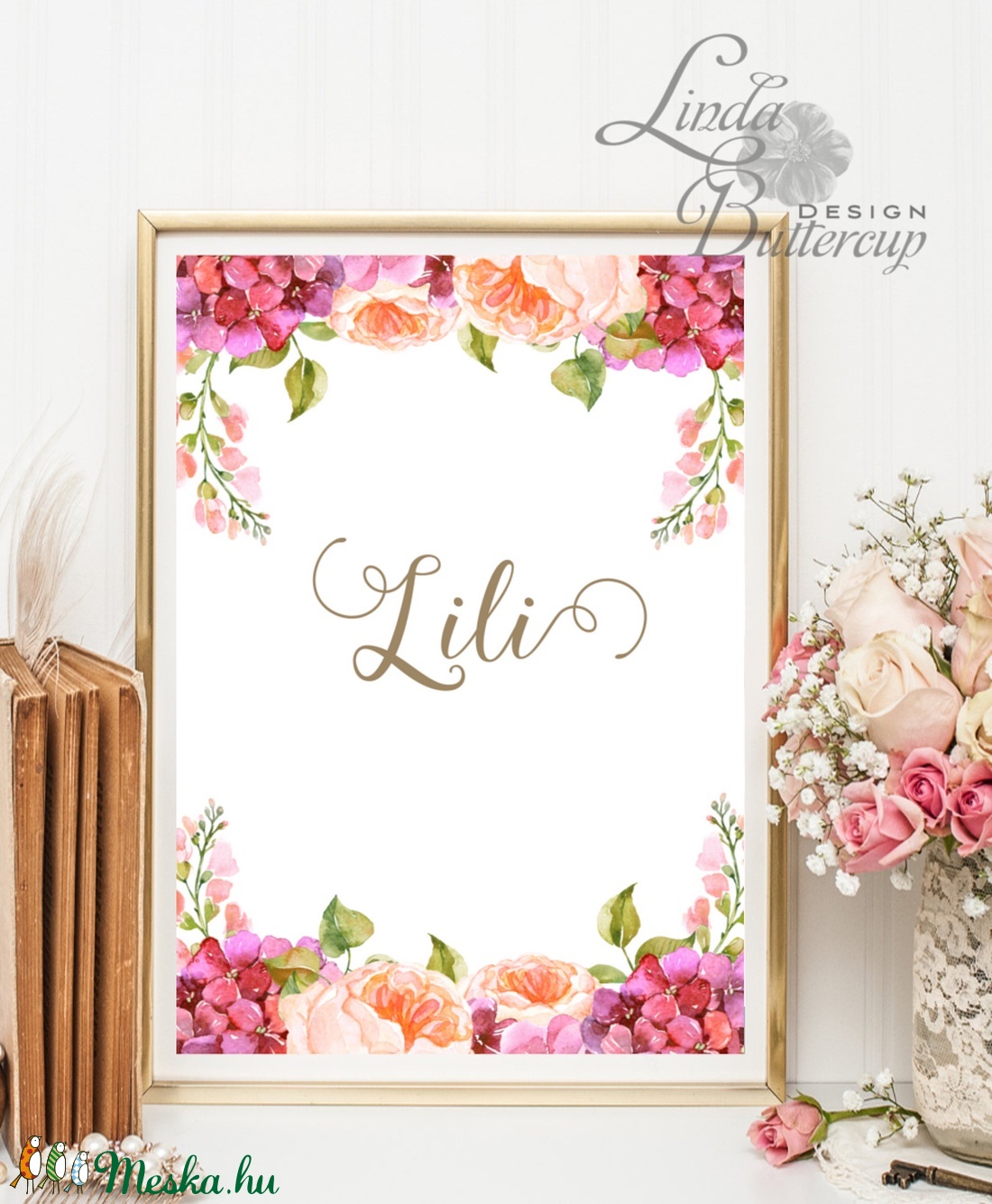 Babaszoba Dekoráció, Virágos kép, virág falikép, hortenzia, rózsa, név, felirat, Baba, gyerek, Gyerekszoba, névreszóló -  - Meska.hu