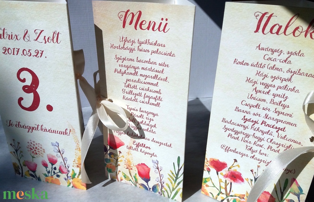 Esküvői Menü, Romantikus Esküvő, Virágos Étlap, Itallap, Italok, Vacsora, rózsa, rózsás, Vintage Esküvő, Party, arany - esküvő - meghívó & kártya - menü - Meska.hu