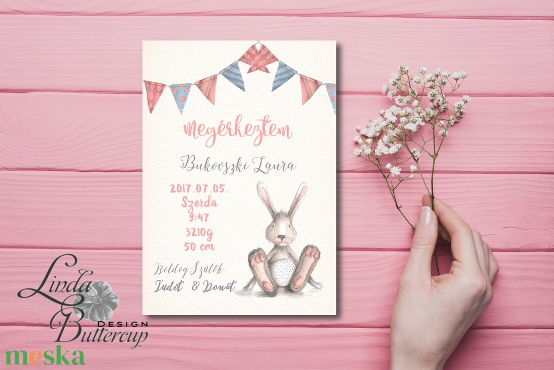 Megérkeztem, Babaváró képeslap, Babaköszöntő képeslap, Keresztelő, kisfiú, kislány, baba, baby, újszülött, nyuszi - otthon & életmód - papír, írószer - Meska.hu