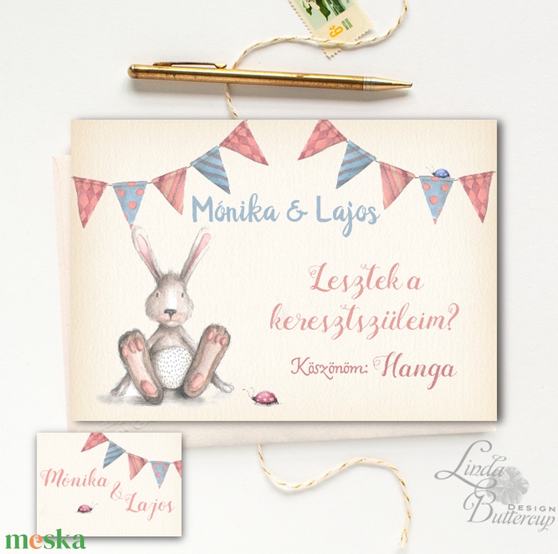 Lesztek a keresztszüleim, Nyuszi, Keresztapa felkérő lap, Keresztelő meghívó, baba lap, baby, képeslap, keresztszülő - otthon & életmód - papír, írószer - Meska.hu
