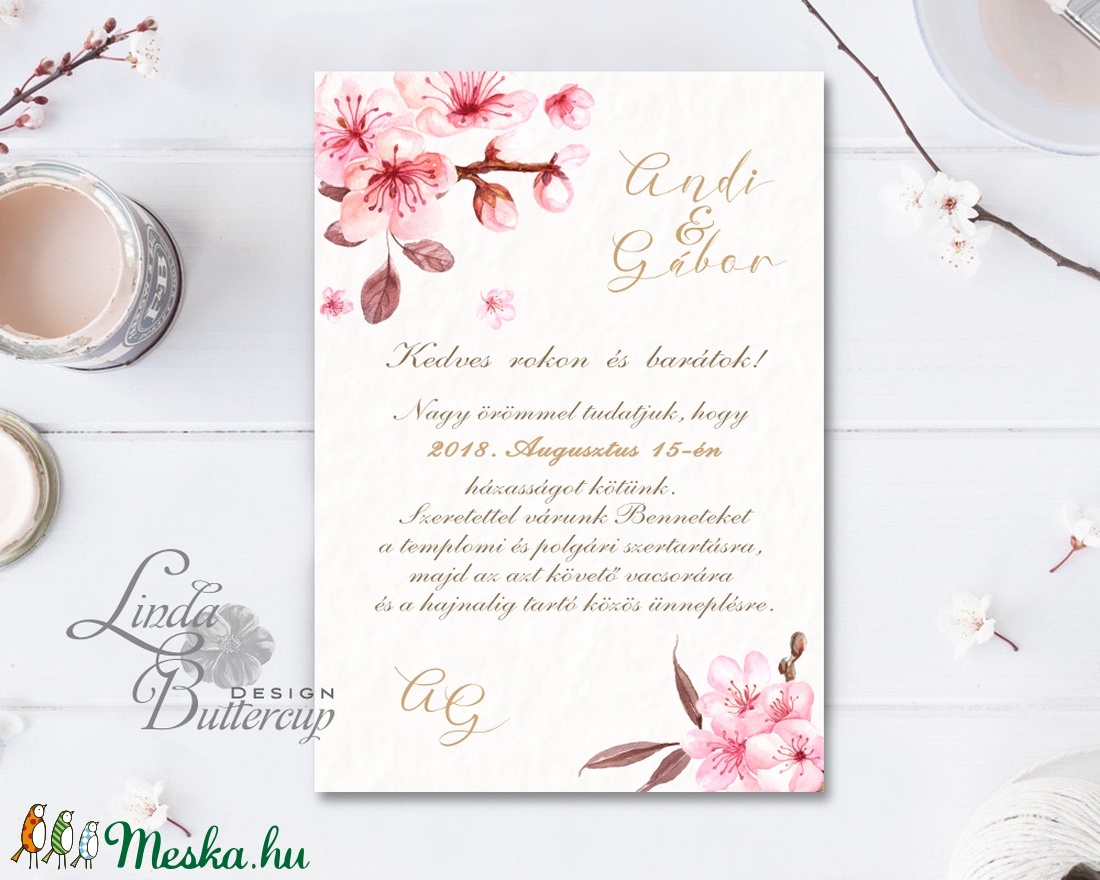 Cseresznyevirágos Esküvői meghívó, Virágos Esküvői lap, Esküvő Képeslap, rózsa lap,  rózsaszín meghívó, cseresznyefa - esküvő - meghívó & kártya - meghívó - Meska.hu
