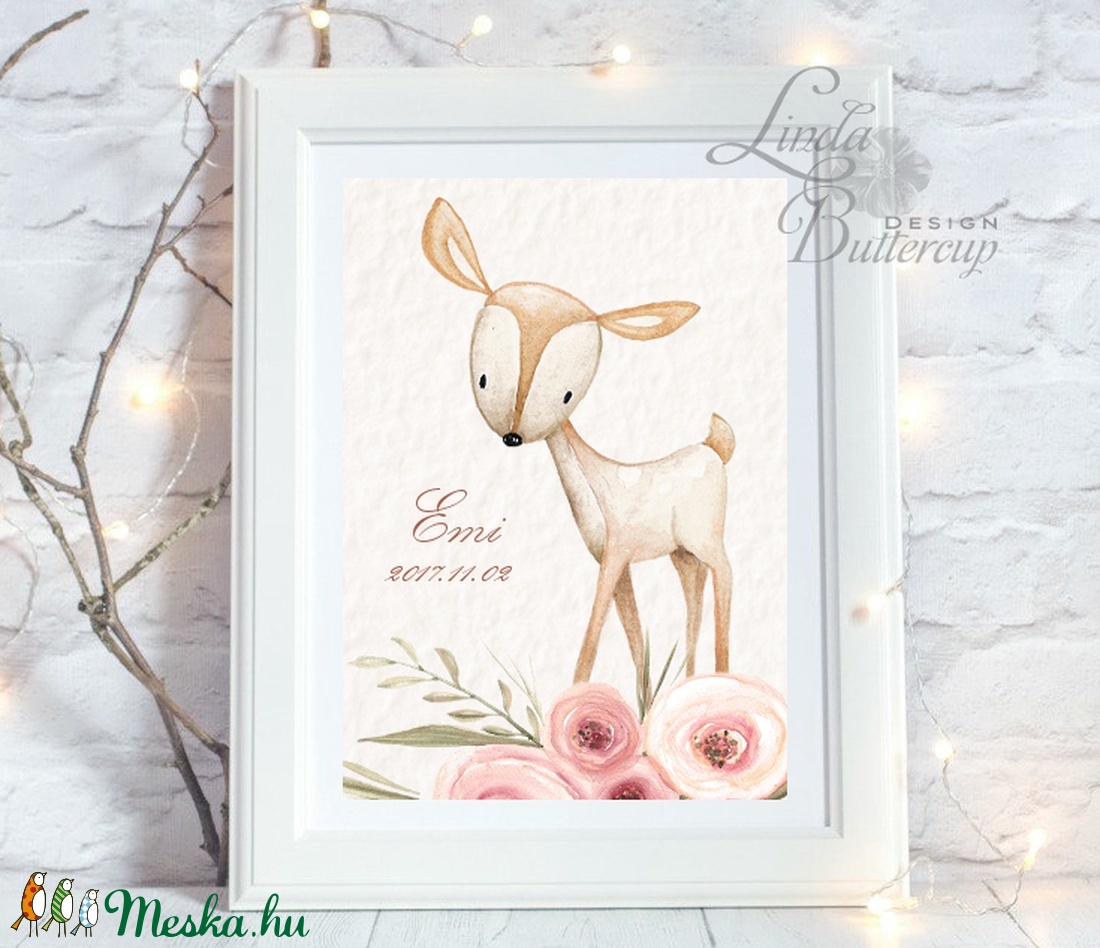 Őzike névre szóló Gyerekszoba Kép, Print, állatos, babsszoba dekoráció, dekor, falikép, szülinap, erdeiállat, név, dátum -  - Meska.hu