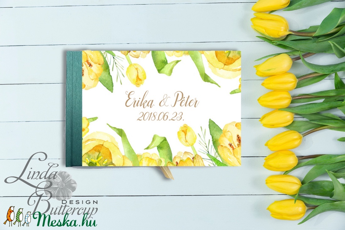 Esküvői Emlékkönyv, sárga tulipán, tavasz, Arany, Vendégkönyv, könyv, elegáns, zöld, Esküvői vendégkönyv, tulip -  - Meska.hu