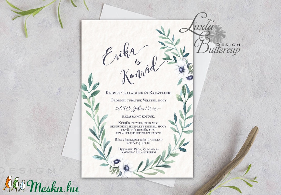 Levélkoszorú Meghívó, Greenrey, Bohó Esküvői meghívó, eukaliptusz, zöld leveles, levél, natúr meghívó, természetközeli - esküvő - meghívó & kártya - meghívó - Meska.hu