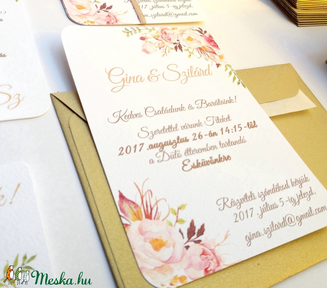 Angol Esküvői meghívó, Elegáns Esküvő, Arany meghívó, Barack virág, virágos meghívó, Modern, Rózsás, Rózsa, Romantikus -  - Meska.hu