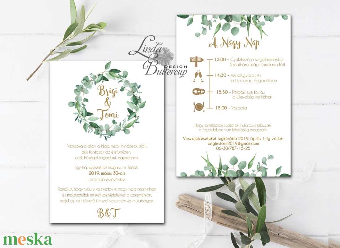 Greenery Meghívó, zöld Esküvői meghívó, eukaliptusz, silver coin, zöld leveles, levél, natúr meghívó, természetközeli - esküvő - meghívó & kártya - meghívó - Meska.hu