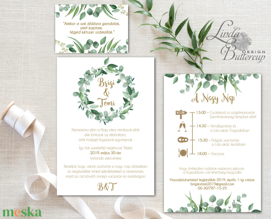 Greenery Esküvői meghívó, Levélkoszorú, Rusztikus meghívó, Natúr meghívó, erdei, natur, zöld levelek, természetközeli - esküvő - meghívó & kártya - meghívó - Meska.hu