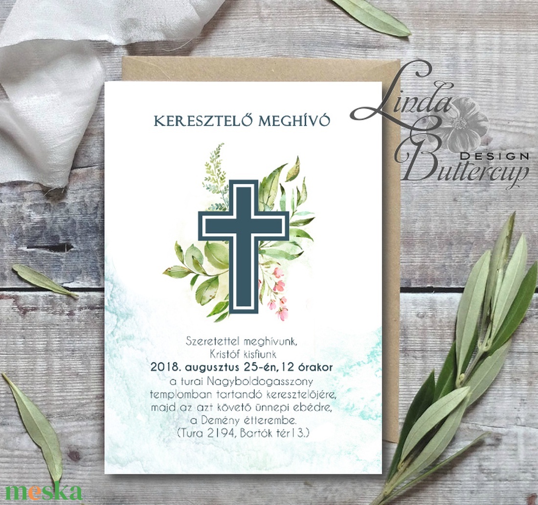 Zöld, greenery leveles keresztelő meghívó, kereszt motívummal, +SZERKESZTÉSIDÍJ leirásból is tedd kosárba - otthon & életmód - papír, írószer - Meska.hu