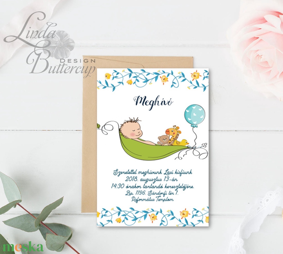 Keresztelő Meghívó, babaváró, baba köszöntő, megérkeztem, szülinapi meghívó, virágos, csillag, vadvirág, baby shower -  - Meska.hu