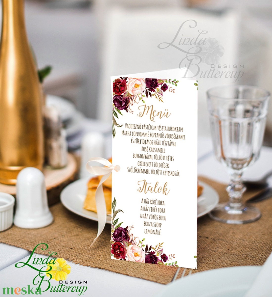 Esküvői Menü, bordó, arany, rózsás,  menüsor, itallap,+ SZERKESZTÉSI DÍJat is tedd kosárba - esküvő - meghívó & kártya - menü - Meska.hu